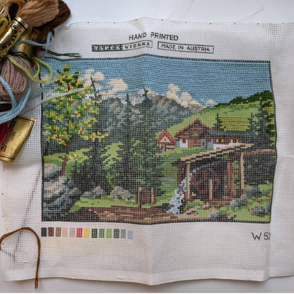 Vintage Tapex Vienna Canvas Needlepoint Kit Swiss Alps Cottage Forest Scene - Picture 1 of 10